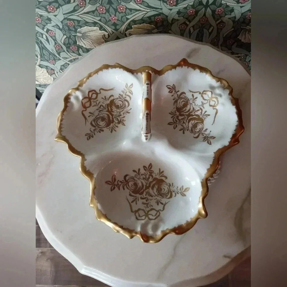 🇨🇵 Vintage Birks White Porcelain With Gold Handpainted Divided Serving Plate - Picture 1 of 7